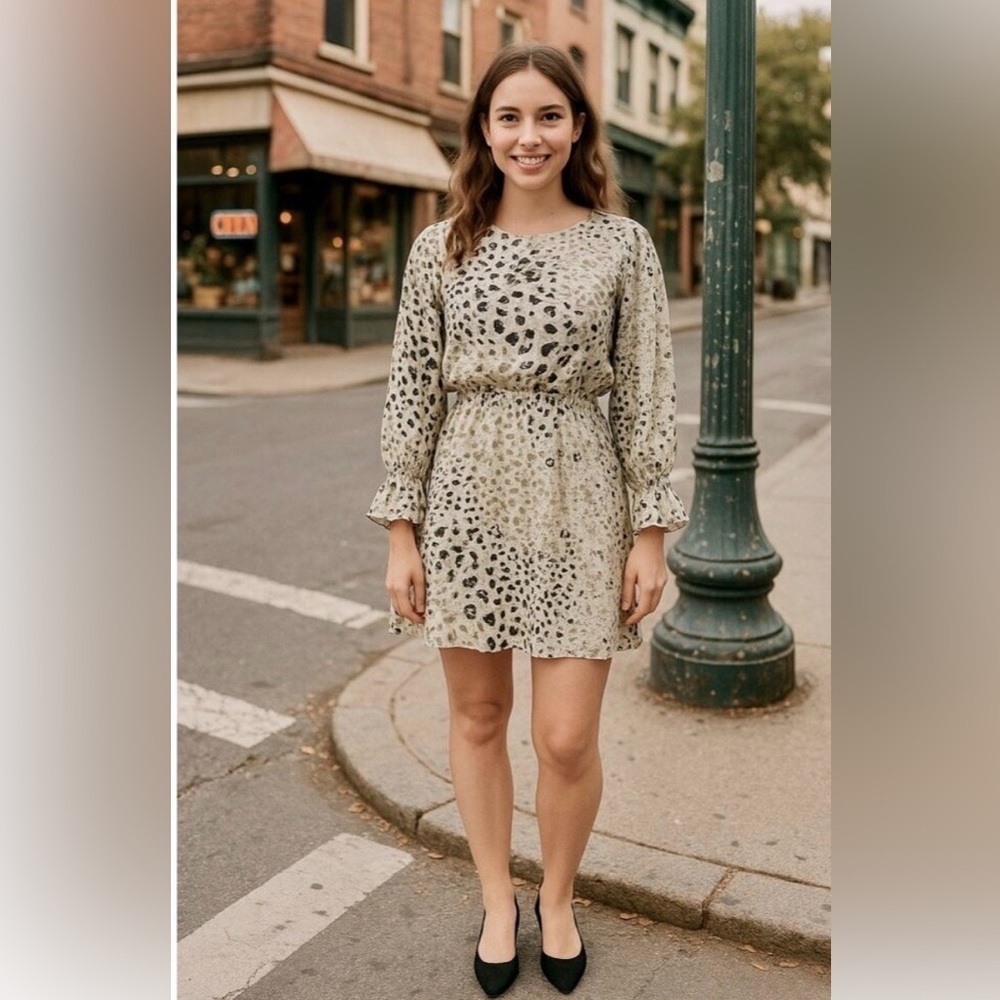 CLOTH & STONE Leopard Print Dress Gray Black Blouson Leopard Print - Size M